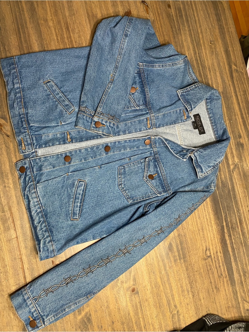 Rachel Zoe Light Blue Denim Jacket with Embroidered Sleeve